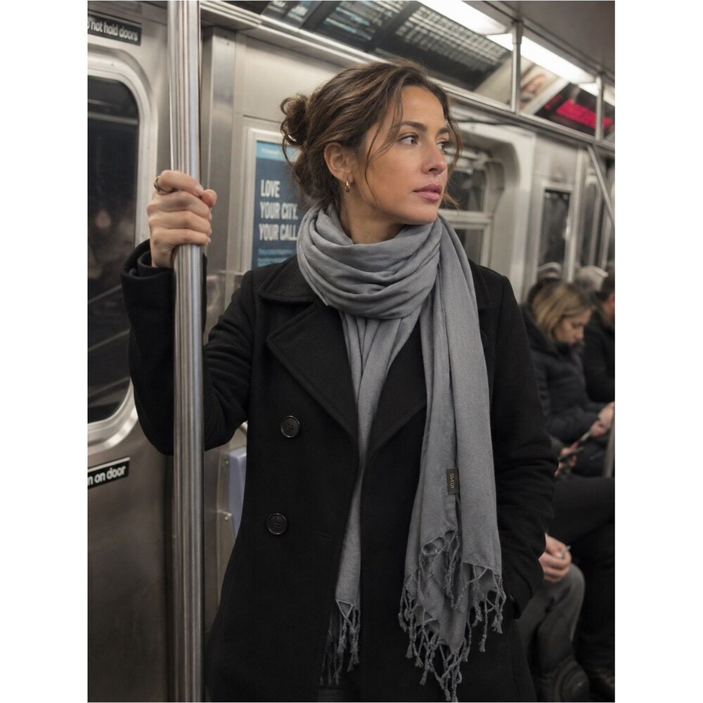 SACHI 100% Rayon Gray Fringed Scarf Wrap Lightweight Oversized